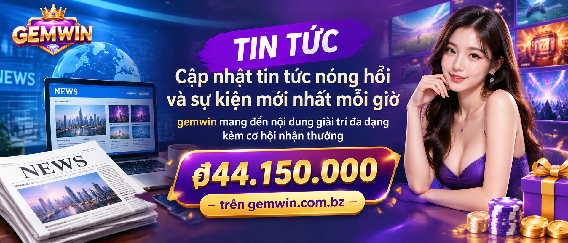 Giao diện tin tức Gemwin trên nền tối với các thẻ cập nhật nổi bật