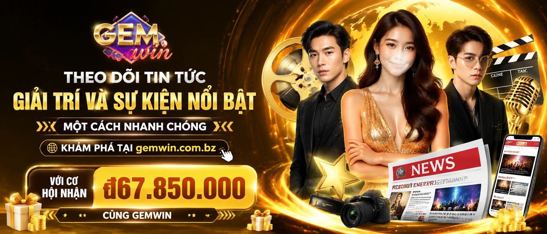 Màn hình tin tức Gemwin với các nhãn thanh toán và sự kiện